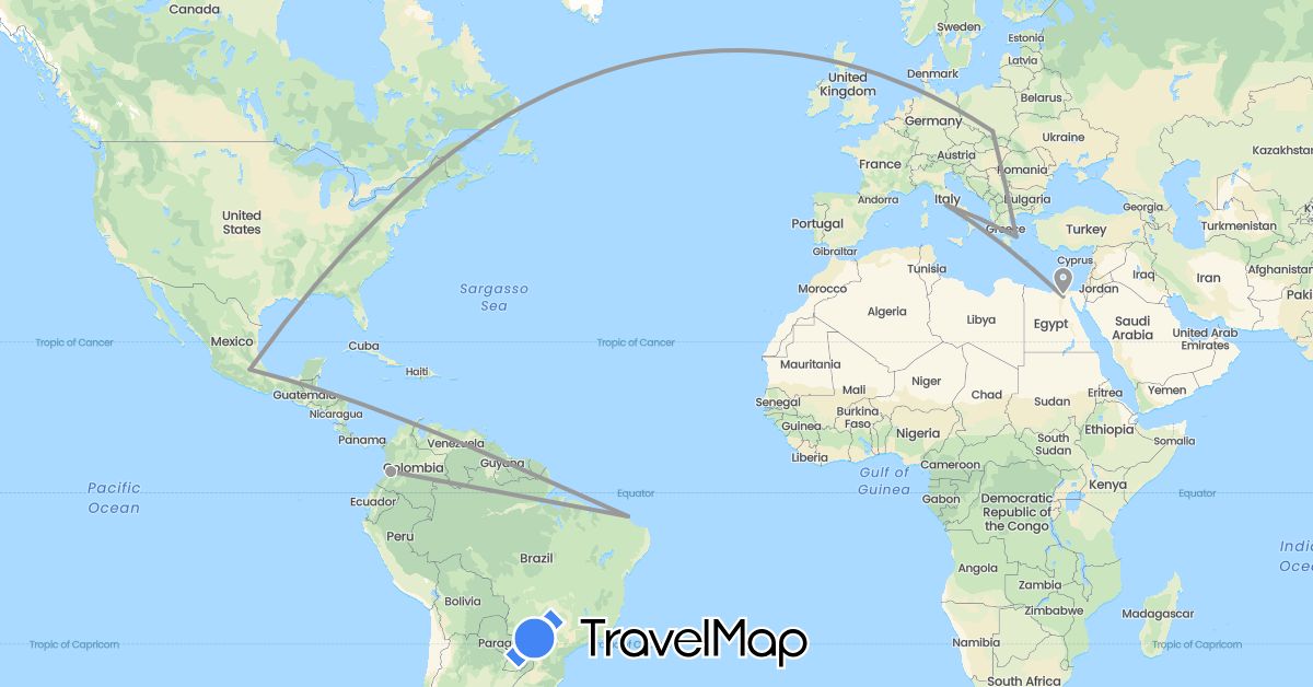 TravelMap itinerary: driving, plane in Brazil, Colombia, Egypt, Greece, Italy, Mexico, Poland, United States (Africa, Europe, North America, South America)